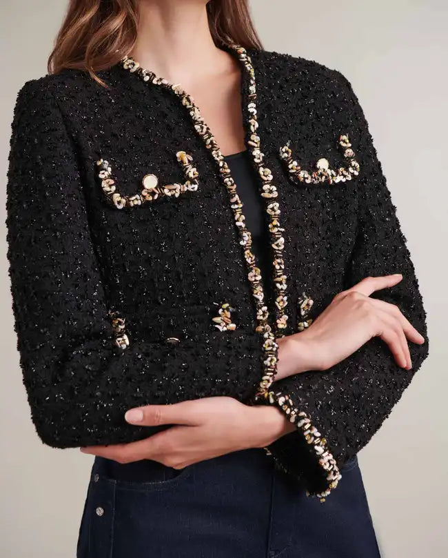 LIENA BLACK TWEED CROPPED JACKET | ANNE FONTAINE – BEADED SHELL TRIM