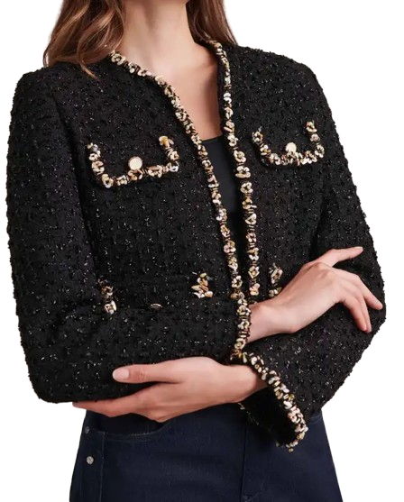 LIENA BLACK TWEED CROPPED JACKET | ANNE FONTAINE – BEADED SHELL TRIM