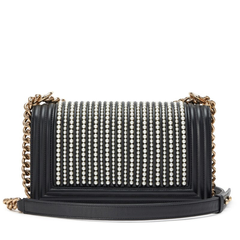 Chanel —  Black Vertical Quilted Calfskin Old Medium Pearl Boy Bag Light Gold Hardware, 2019