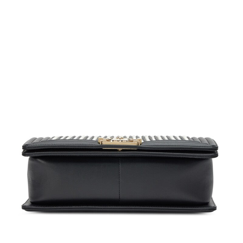 Chanel —  Black Vertical Quilted Calfskin Old Medium Pearl Boy Bag Light Gold Hardware, 2019