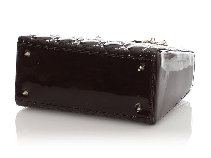 Christian Dior Brown Patent Small Lady Dior Bag Pale Gold Hardware