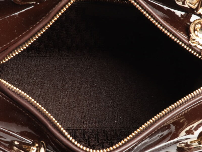 Christian Dior Brown Patent Small Lady Dior Bag Pale Gold Hardware