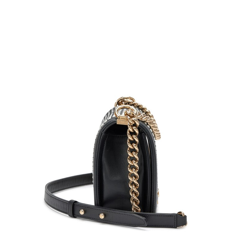 Chanel —  Black Vertical Quilted Calfskin Old Medium Pearl Boy Bag Light Gold Hardware, 2019