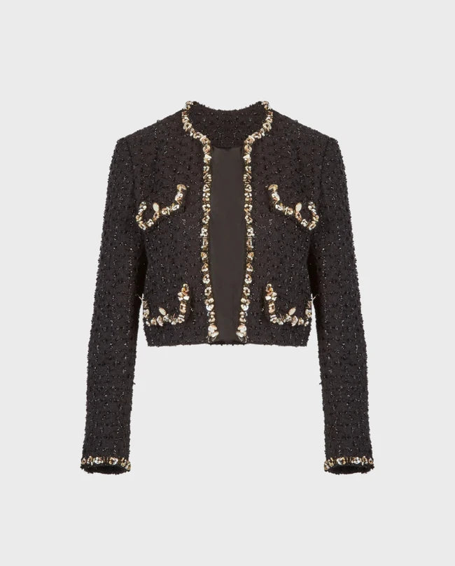 LIENA BLACK TWEED CROPPED JACKET | ANNE FONTAINE – BEADED SHELL TRIM