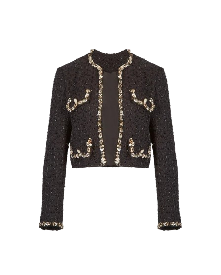 LIENA BLACK TWEED CROPPED JACKET | ANNE FONTAINE – BEADED SHELL TRIM